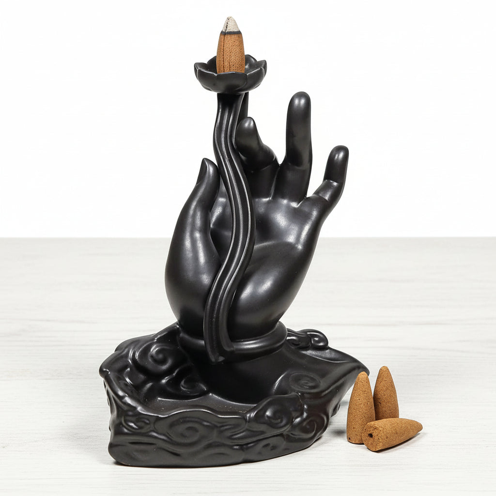 Rückfluss Wasserfall Weihrauchbrenner Lotushand