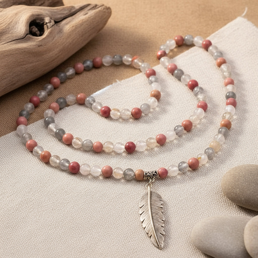 Mala Rhodonit/ grauer Quarz (8mm)+ Feder im Beutel