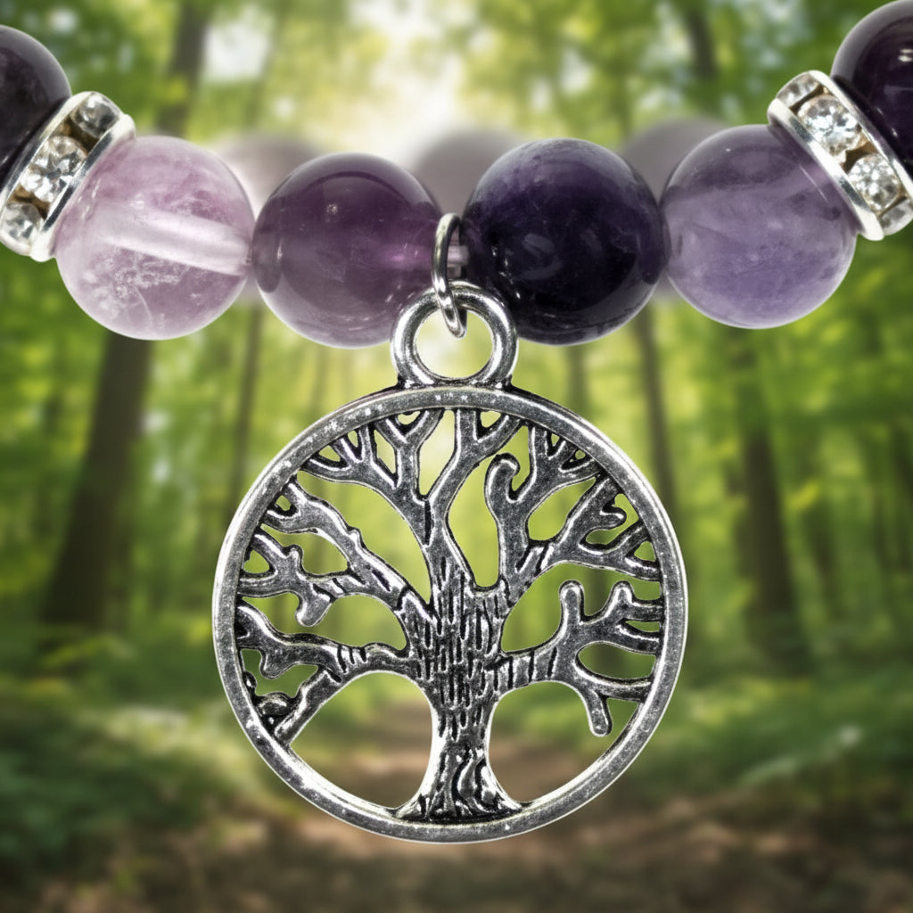 Armband Fluorit/Amethyst (8mm) mit Baum des Lebens