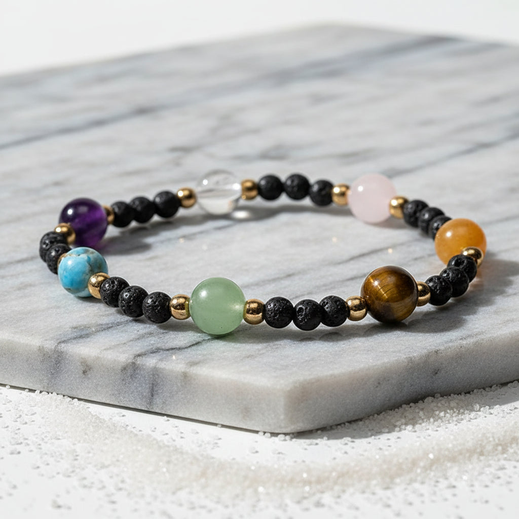 Lavastein Armband mit 7 Edelsteinen elastisch