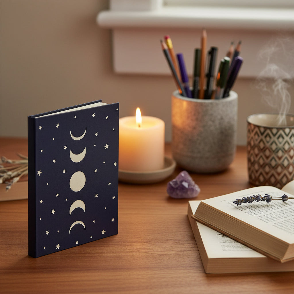 Notizbuch Sterne & Mondzyklus dunkelblau
